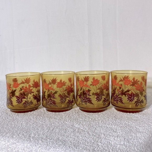 Vintage Libby Amber Glass Autumn Leaf Pattern Juice Glasses x4 - Picture 6 of 11